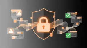 Illustration of AI security with a glowing shield, lock icon, and encrypted data lines on a dark background, representing safety in AI hentai generators.