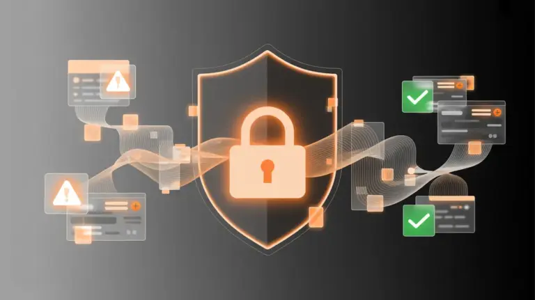 Illustration of AI security with a glowing shield, lock icon, and encrypted data lines on a dark background, representing safety in AI hentai generators.