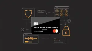 Illustration of discreet billing and secure online payments with a credit card, lock icon, and privacy shield on a dark background.