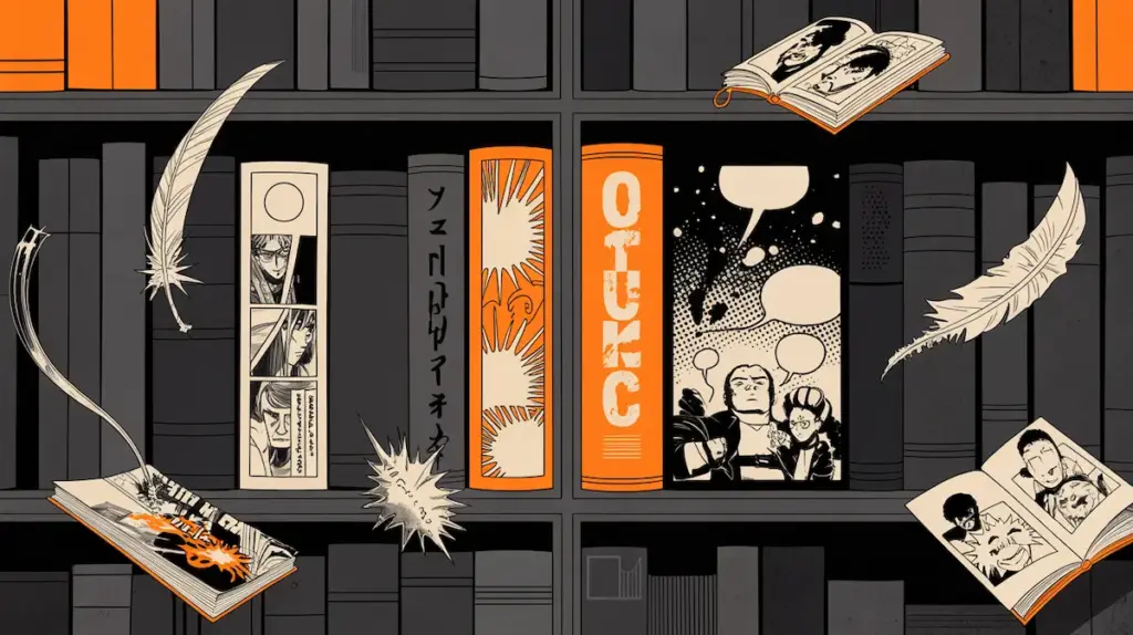 Editorial illustration showing manga-style panels, western comic bubbles, parody effects, and doujinshi textures to represent different adult comic genres in a dark modern design