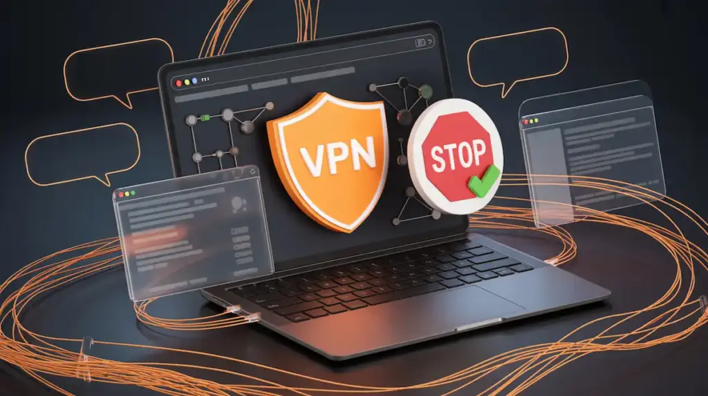 Editorial illustration representing secure browsing with VPN and ad-block tools