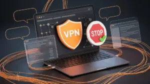 Editorial illustration representing secure browsing with VPN and ad-block tools