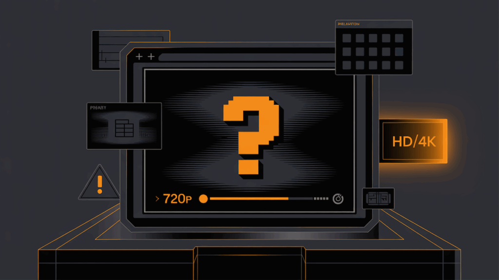 Illustration of a blurry 720p video player with pixelation and a question mark, showing why free hentai sites often have low-resolution streaming and how higher-quality options exist.
