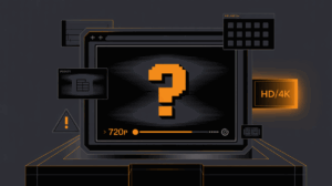 Illustration of a blurry 720p video player with pixelation and a question mark, showing why free hentai sites often have low-resolution streaming and how higher-quality options exist.