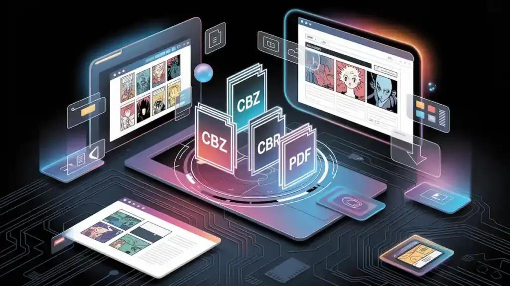 Overview of hentai comic file formats including CBZ, PDF, and web-based readers.