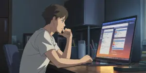 Person evaluating a premium hentai site on a laptop at night